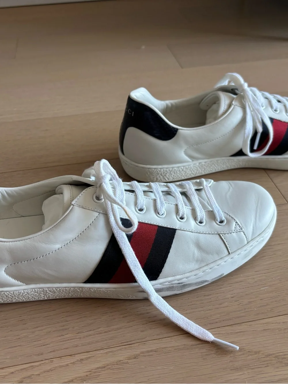 White Leather Lace-Up Sneakers with Red & Navy Stripe